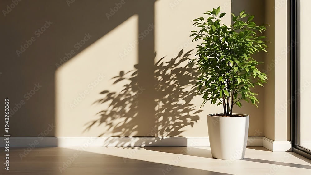 Fototapeta premium Potted plant on windowsill with sunlight casting shadows on wall green leaves white