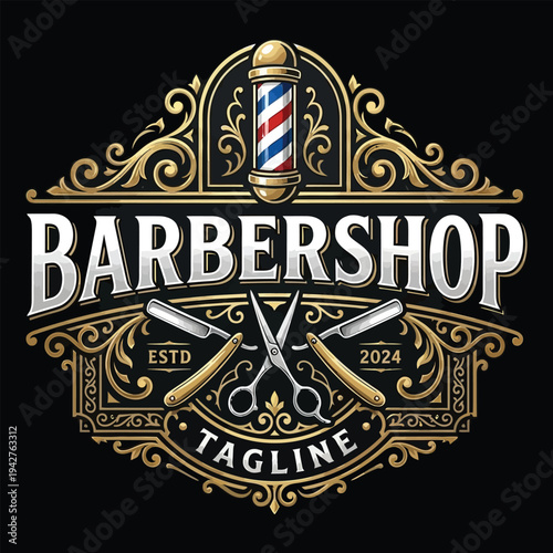 Barbershop logo. Illustration of razor tool with barbers pole vintage style perfect for barber or hair salon