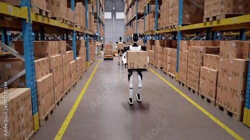 Wallpaper Mural Fully automated warehouse with AI-powered humanoid robots and agv robots transporting cardboard boxes. Future of industrial warehouse automation and AI robotics. 3d animation rendering Torontodigital.ca