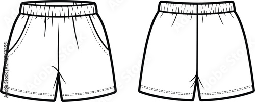 Two pairs of white shorts with elastic waistbands and side pockets clothing