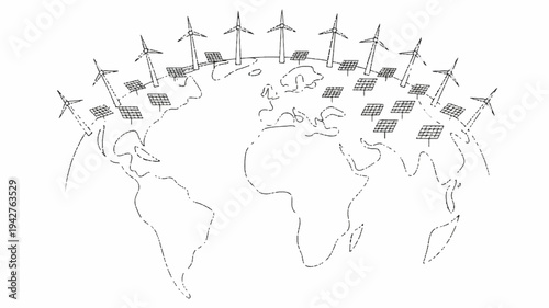 Renewable energy sources around the world map with wind turbines and solar panels installed globally for sustainable power generation and eco friendly electricity production