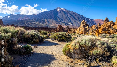 A scenic panoramic view featuring a majestic, snow-dusted peak dominating the landscape. Foreground displays desert vegetation