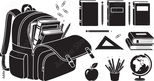 School Backpack and Stationery Items Vector Illustration Set