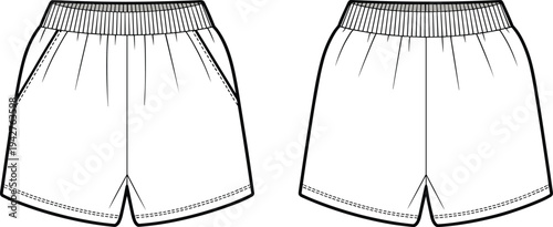 Two white shorts with elastic waistbands and side seams illustrated in a minimalist style 1