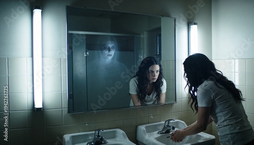 Woman seeing ghost reflection in bathroom mirror. Scared girl looking at terrifying spirit apparition in dark washroom. Supernatural horror mystery, nightmare and paranormal haunting concept.