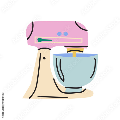 Minimalist flat vector illustration of a pink stand mixer with a mixing bowl. Ideal for baking blogs, pastry shop branding and kitchen appliance icons
