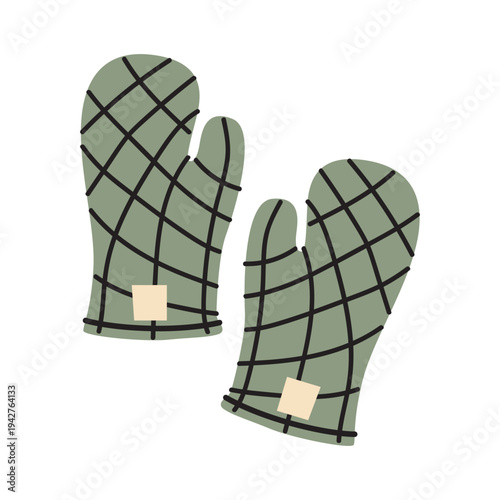 Pair of green quilted oven mitts in a flat cartoon vector style. Protective kitchen gloves illustration for home cooking, baking safety and domestic life concepts