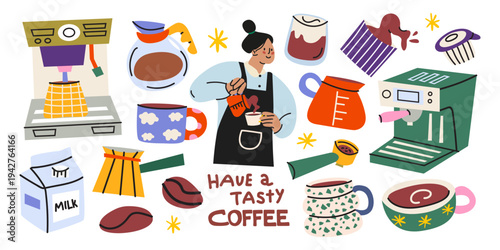Large collection of coffee themed vector stickers in cartoon groovy style. Barista characters, coffee beans, coffee makers, cups, kettles, milk and brewing tools for cafe branding, labels, patches
