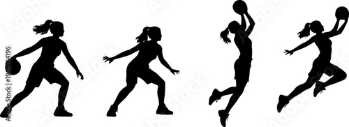 women basketball player jumping shoot postures silhouette black shape vector on white background