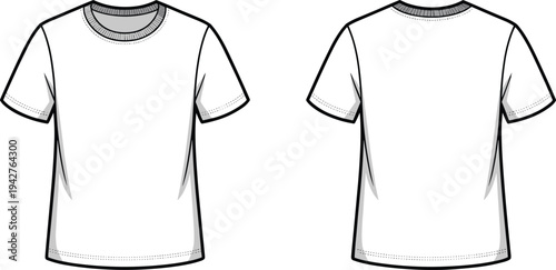Two white t-shirts with short sleeves and round necklines shown from front and back view front view 1