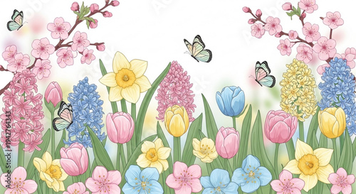 Vibrant spring flowers with butterflies on white background colorful floral arrangement with tulips daffodils hyacinths and blossoming branches symbolizing renewal and beauty