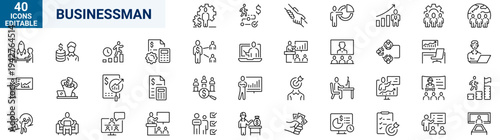 Modern businessman line icons set designed for business leadership, management and corporate communication concepts. Clean outline icons with editable stroke, perfect for startup presentations, HR mat