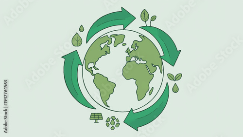 Earth surrounded by green recycling arrows and eco friendly icons on a light green background symbolizing environmental sustainability and eco consciousness globally