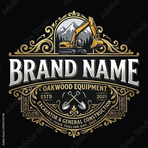 excavator vector logo. mountain and pine tree excavators for construction, land clearing and construction companies.