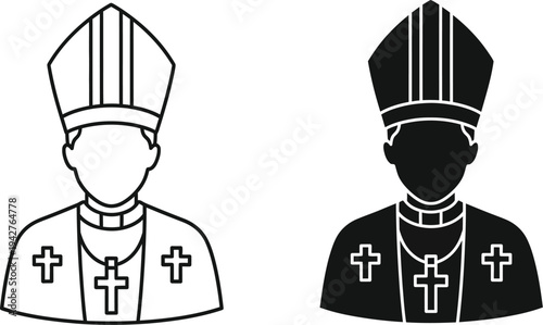 Catholic Pope or bishop, featuring the traditional MITRE hat and vestments adorned with crosses. church priest, pope icon,  symbols for religious, spiritual, or historical content. 