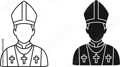 Catholic Pope or bishop, featuring the traditional MITRE hat and vestments adorned with crosses. church priest, pope icon,  symbols for religious, spiritual, or historical content. 