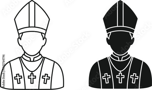 Catholic Pope or bishop, featuring the traditional MITRE hat and vestments adorned with crosses. church priest, pope icon,  symbols for religious, spiritual, or historical content. 