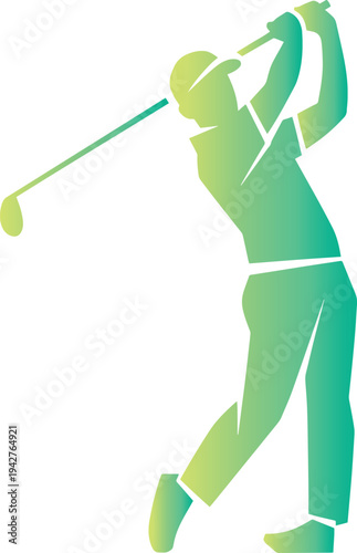 Golfer in motion swinging golf club with vibrant green silhouette