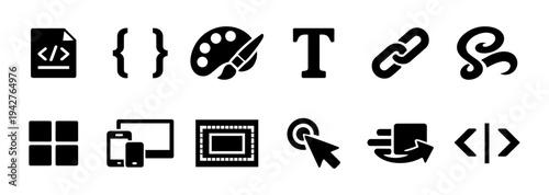 Web Development and CSS Coding Icons Set – Frontend Programming, Stylesheet, Responsive Design, Layout Grid, Animation Vector Icons