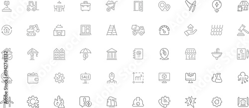 Construction and Real Estate Line Icon Set – Building, Architecture and Property Development Outline Icons