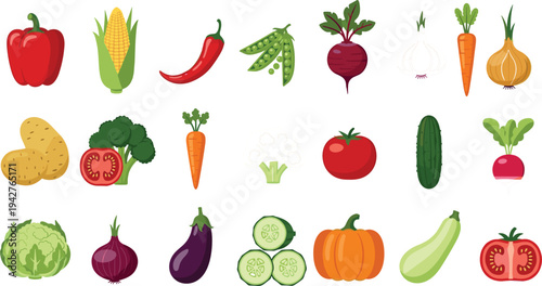 Fresh Vegetable Icon Set Featuring Pepper, Corn, Chili, Peas, Beetroot, Carrot, Tomato, Cucumber, Eggplant, and Pumpkin Illustrations