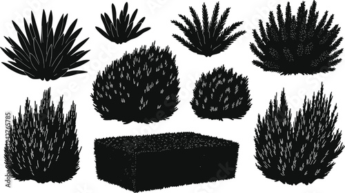 Collection of Professional Bush and Shrub Silhouettes Featuring Diverse Garden Plants Hedges and Grass Elements for Landscape Design Outdoor Architecture and Botanical Vector Illustrations