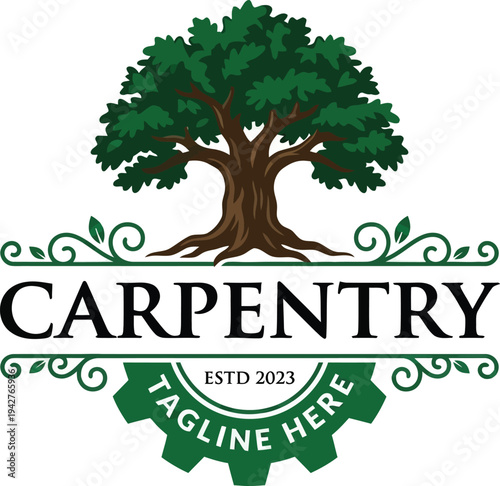 vintage logo design carpentry, oak tree icon with chisel in emblem shape, for crafts, carpentry, furniture and construction.