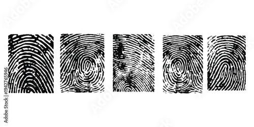 A row of five unique black and white fingerprint patterns representing biometric identification