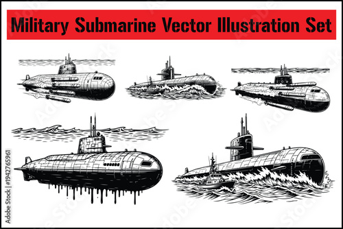 Military Submarine Vector Illustration Set – Naval Submarine Fleet Collection