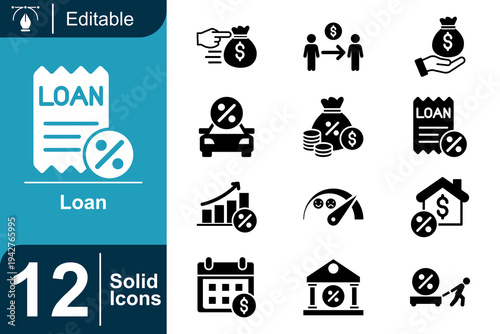 Loan icon set. Financial lending service, mortgage house credit, bank loan agreement, interest rate payment, borrowing money process, credit financing system and more. Solid vector icons collection.
