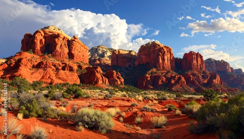 A scenic panoramic view of a majestic desert landscape featuring towering red rock formations under a vibrant blue sky with fluffy white clouds
