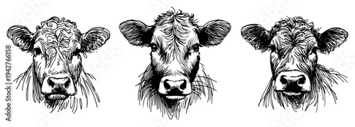 Cow Head Portrait Sketches Set Vector Illustration of Cattle Dairy Animal Faces for Farm and Agriculture Branding