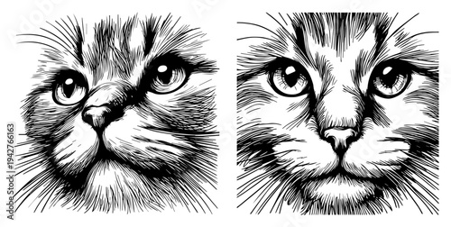 Cat Face Portraits Close-Up Sketches Vector Illustration of Cute Feline Eyes and Whiskers Set