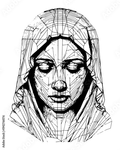 Geometric Wireframe Woman Face Portrait with Veil Vector Illustration Artistic Low Poly Style Design of Female in Hijab
