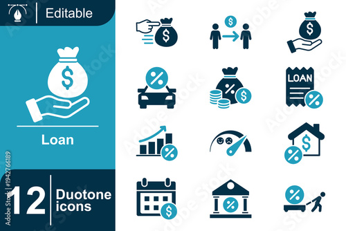 Loan icon set. Bank lending service, mortgage payment, interest rate finance, credit agreement, financial transaction, loan approval, borrowing money system and more. Duotone vector icons collection.