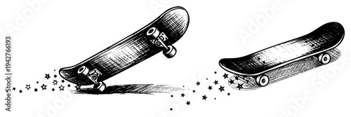 Skateboard Tricks Vector Illustration Hand Drawn Sketch of Skateboarding Equipment with Stars and Action Shading