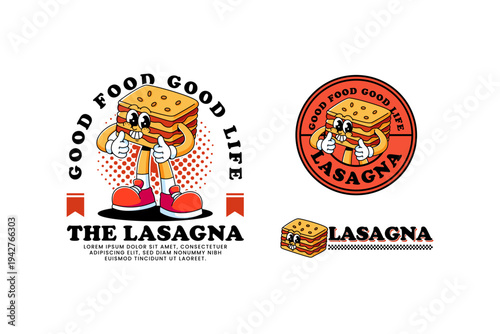 Italian lasagna retro cartoon character illustration with standing and thumb up hand for restaurant. Layered lasagna mascot badge patch sticker for merchandise