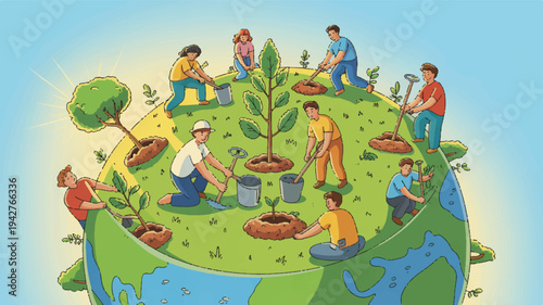 People planting trees on earth symbolizing environmental conservation and sustainability efforts globally
