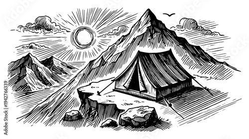 Camping in the Mountains Vector Sketch Tent on Cliff with Scenic Alpine Landscape and Bright Sun Wilderness Adventure Concept