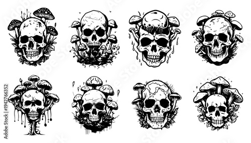 Skull and Mushroom Collection Vector Sketch Set Macabre Gothic Art of Skulls with Fungi for Tattoo and Halloween Design