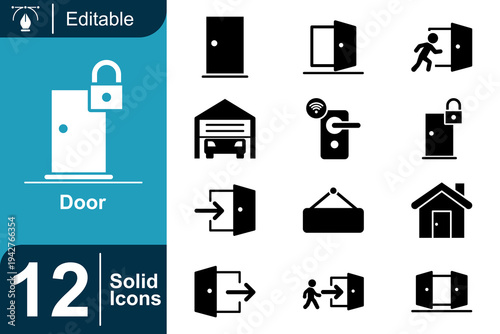 Door icon set. Home entrance access, doorway security system, smart door lock, residential building entry, open door concept and more. Solid vector icons collection.