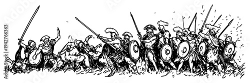 Ancient Greek Battle Scene with Spartan Warriors and Hoplites Vector Sketch Illustration Epic Historic Warfare with Shields and Spears
