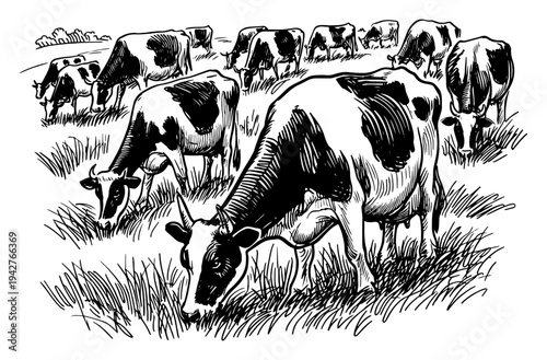Herd of Cows Grazing in Pasture Meadow Vector Sketch Illustration Rural Farm Agriculture and Livestock Dairy Landscape
