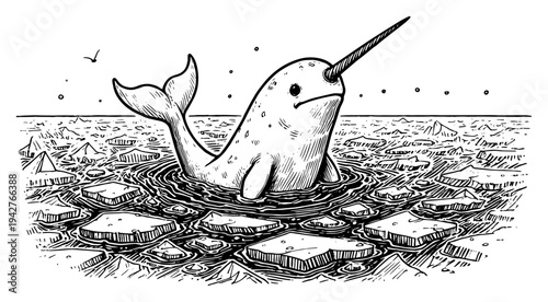 Cute Narwhal in Arctic Ocean with Ice Floes Sketch Vector Illustration Narwhale Swimming in Cold Sea Waters Nature Scene
