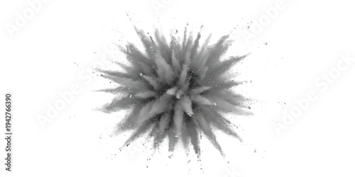 A central burst of gray powder or dust exploding outwards against a pure white background