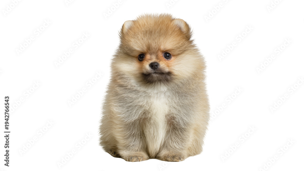 Obraz premium Isolated Pomeranian puppy, sitting and facing forward, looking directly at the camera in studio shot