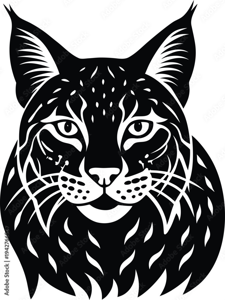Obraz premium Black and white illustration of a lynx head with detailed fur texture