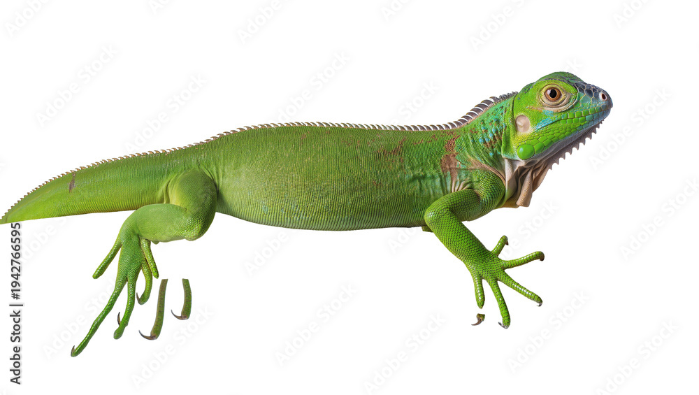 Obraz premium Isolated Green Iguana lizard facing right, tropical reptile in studio shot, calm disposition