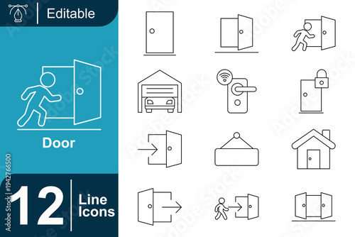 Door icon set. Entrance access, smart door lock, open doorway, house entry, garage door, security access system, building entrance and more. Line vector icons collection.