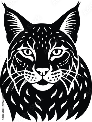 Black and white illustration of a lynx head with detailed fur texture